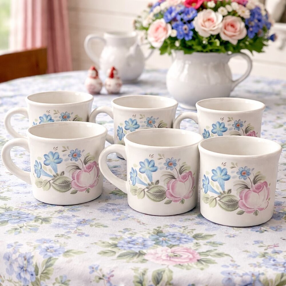 1974 ROYAL DOULTON Dubarry Lambeth Floral Stoneware Mug Set of 6 LS 1011 England